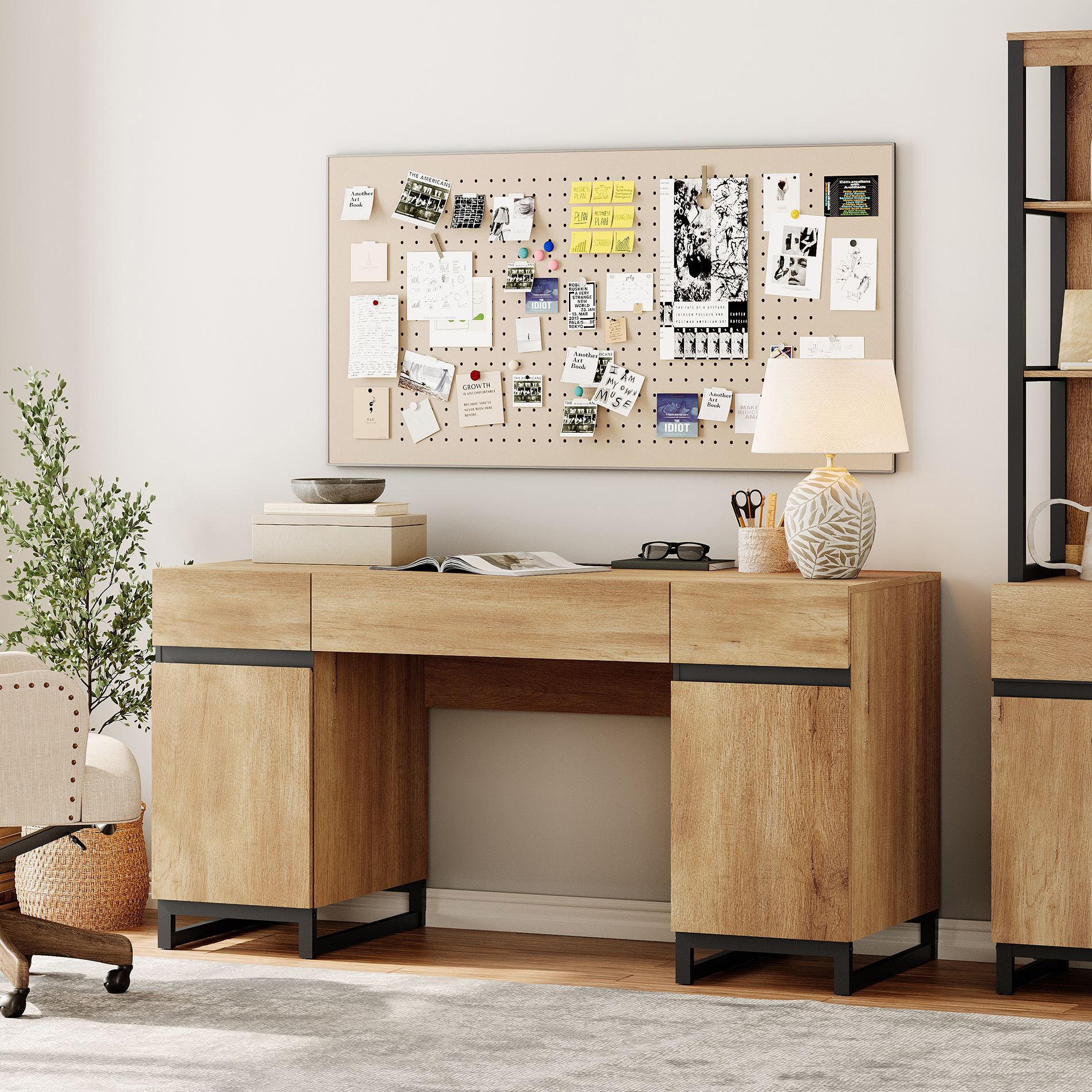 WAMPAT 59 Inch Home Office Desk, Modern Wood Study Computer Desk with Charging Station, File Drawer, 3 Drawers & 2 Cabinets, Oak