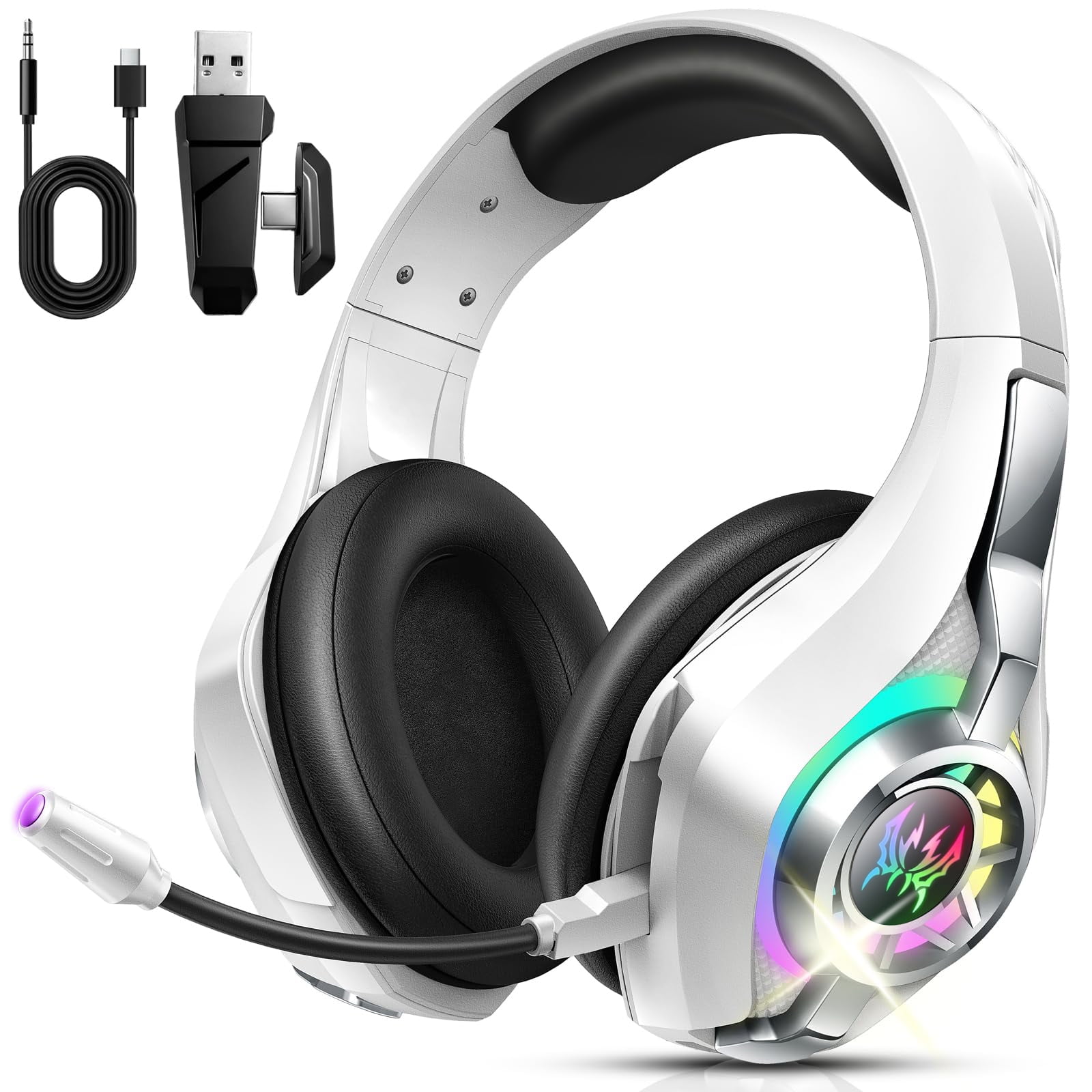 2.4GHz & Bluetooth Wireless Gaming Headset for PS4/PS5/Xbox/Switch/PC - ENC Noise Cancelling Mic Gaming Headphones with 4 Connections/3D Surround Sound/LED Light - 45H Battery Over Ear Headphones