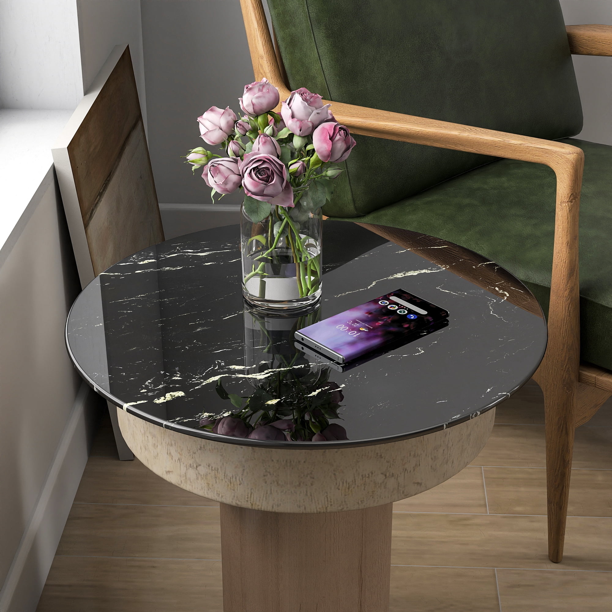 Round Glass Table Top, 32 Inch Marble Pattern Tempered Glass Replacement Desktop for Indoor Outdoor Patio Home Furniture, Black
