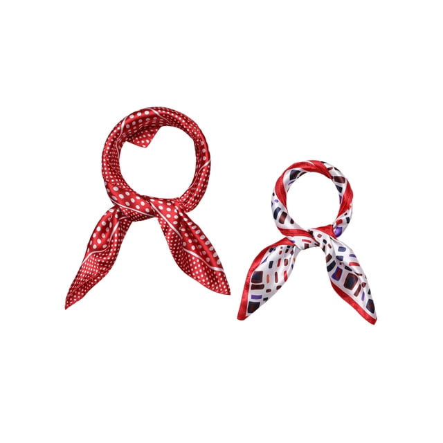 INSPIRE CHIC 2 Pcs 50cm Foulard Carré en Satin Imprimé pour Femmes, Foulard pour Cheveux, Foulard de Cou 19.69*19.69 Pouces(L*W) Pois Rouges&Rouge Géométrique
