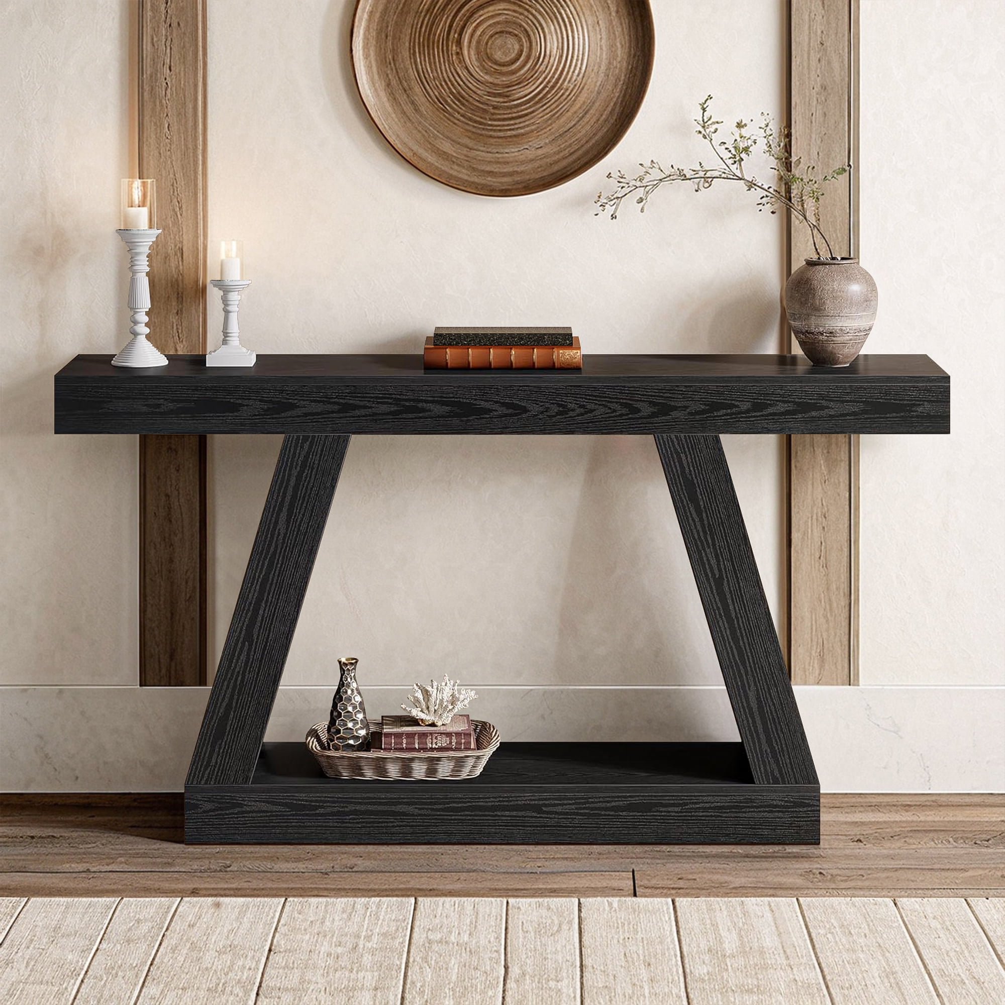 Demi Bonn Farmhouse Console Table, 55" Sofa Table with Storage for Hallway, Bedroom, Living Room, Black
