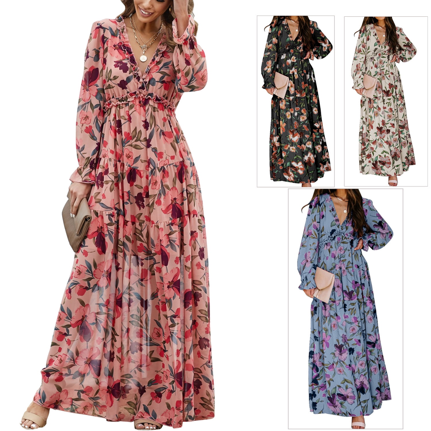 Casual Boho Dresses Evening Long Sleeve Party Dress Cocktail Maxi Floral V Neck 