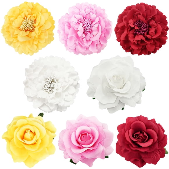 Juego de 8 pinzas para el cabello florales grandes, incluye 4 pinzas para el cabello con flores de peonía y 4 pasadores para el cabello con flores de rosas, accesorios para bailarines de flamenco, fie