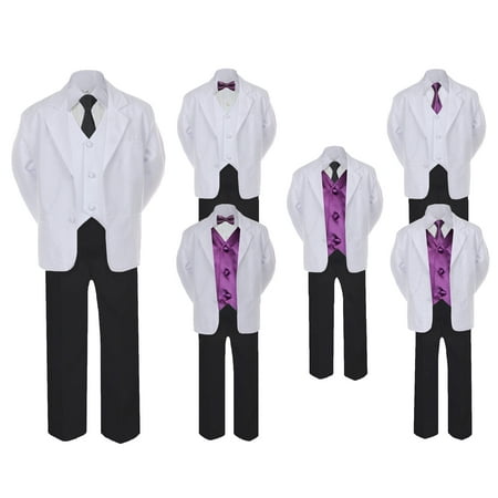 

5-7pc Formal Black White Suit Set Eggplant Bow Long Tie Vest Boy Baby Sm-20 Teen