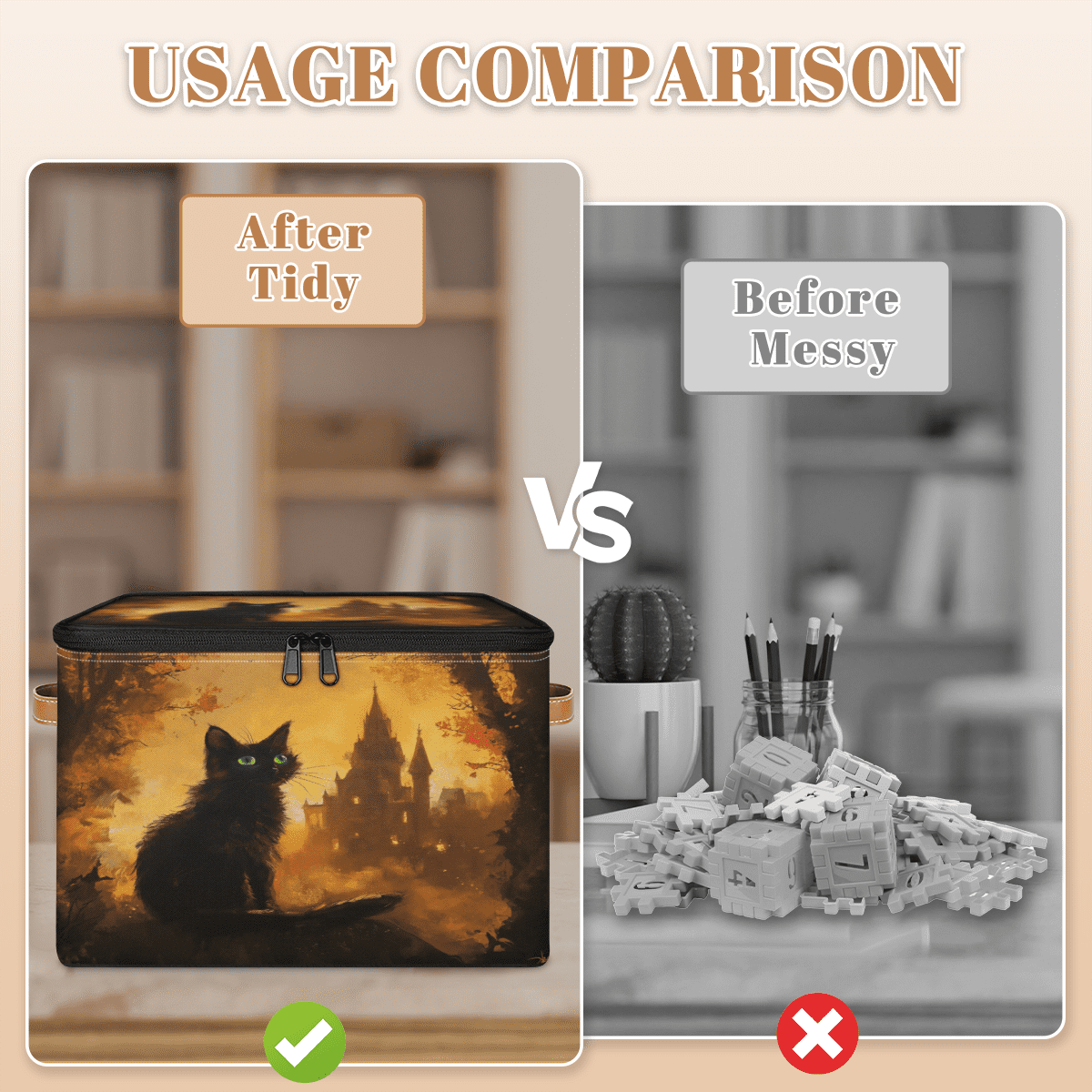 ADECORIVY Black Cat Halloween Storage Bin with Zipper Lid, Fabric Foldable Shelf Baskets Boxes, Closet Lidded Storage Bins, Decorative Clothes Organizer for Bedroom Home