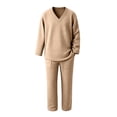 thumbnail image 3 of Ohufall V Neck Sets for Men Long Sleeve Loose Solid Color Drawstring Comfort Tops with Long Pants Casual Sets, 3 of 4