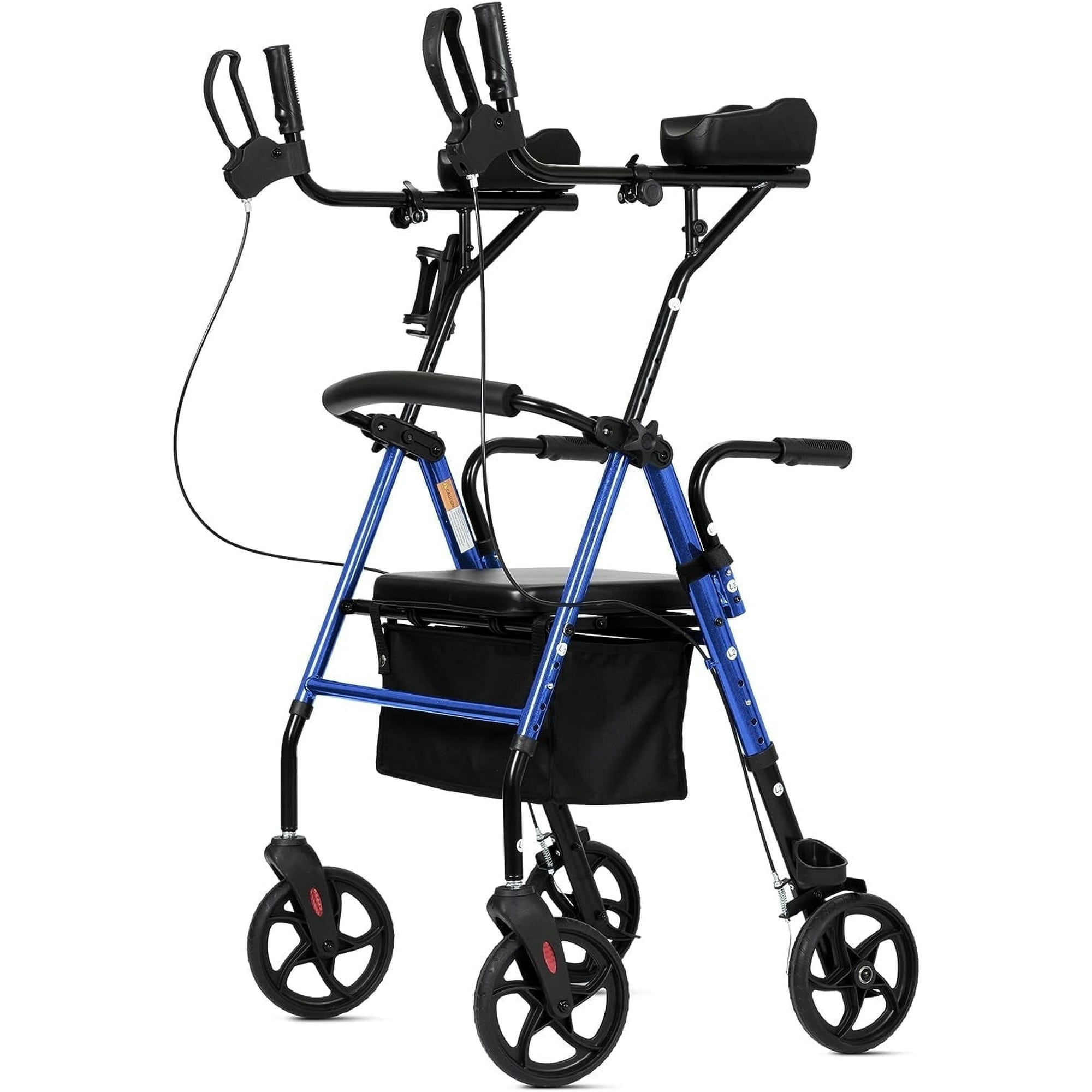 ELENKER Stand Up Folding Rollator Walker, Aluminum Upright Rollator Walker with Seat and Backrest for Seniors, Blue