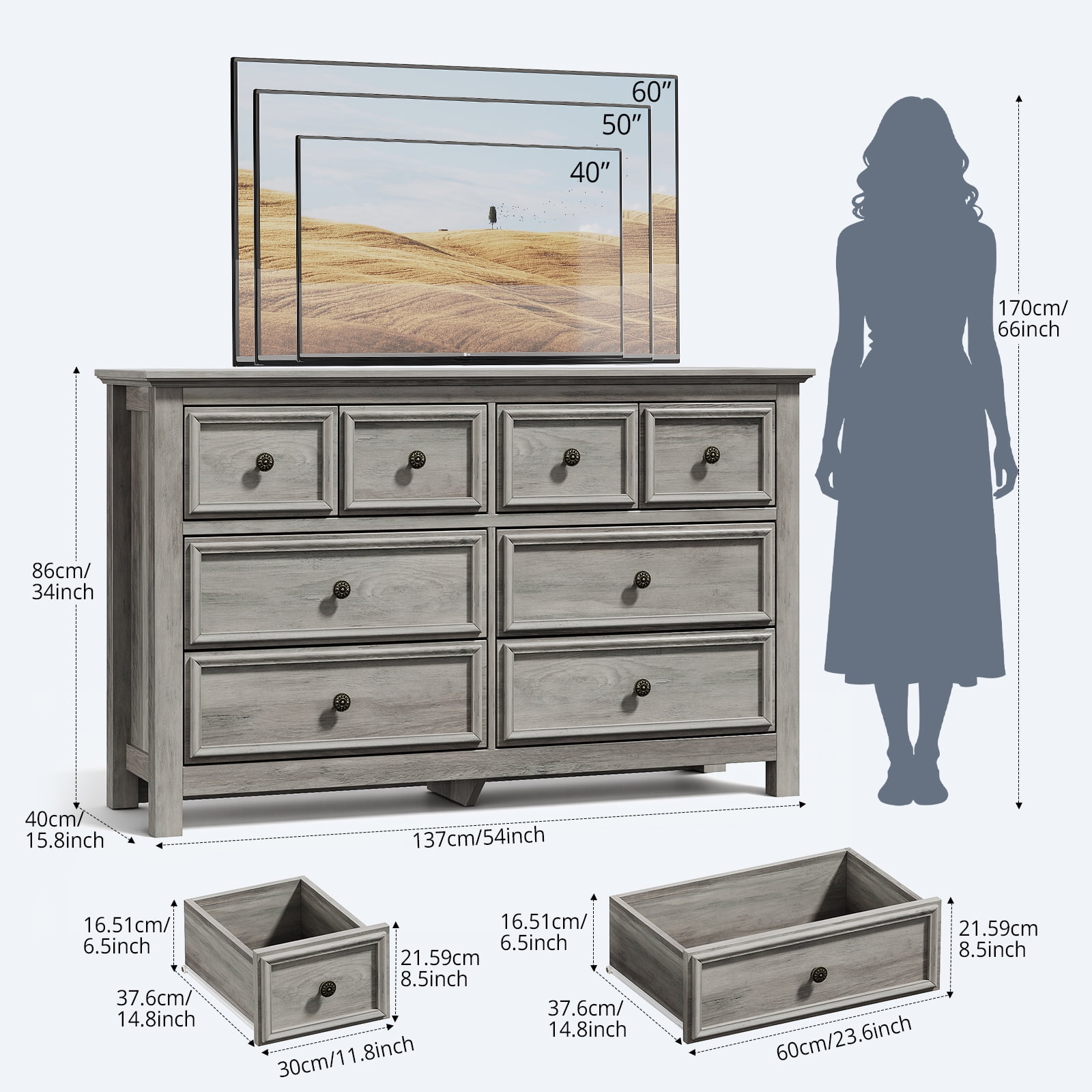 Holliwill 8 Drawers Dresser for Bedroom, Farmhouse Long Dresser Wood Chest of Drawers for Living Room, Entryway, Hallway, Gray