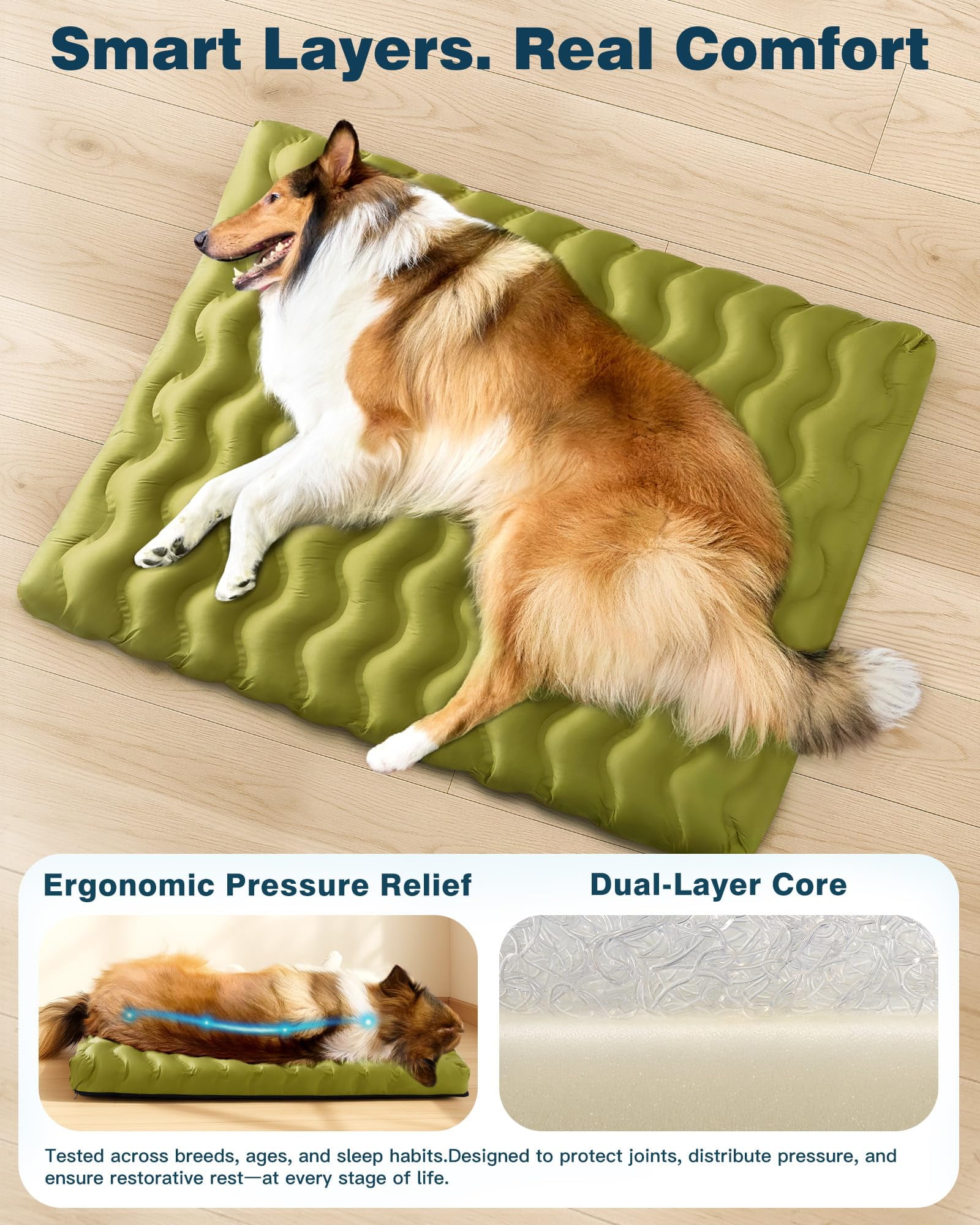 Orthopedic Dog Bed for Large Medium Small Dogs Waterproof Memory Foam Dog Crate Bed Washable Pet Bed with Removeable Cover, 30"x20", Green