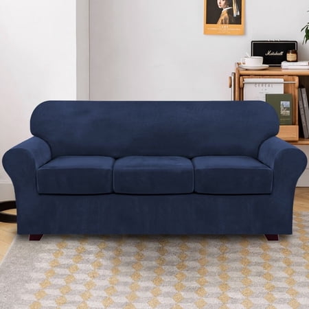4 piece velvet sofa cover high stretch couch slipcover - 72 -96 (3 cushions) navy