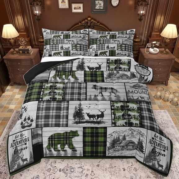 Homewish Safari Elk Bear Bedding Comforter Set,Country Farmhouse Lodge Twin Comforter Sets,Green Gray Bedding Set For Men Women,Ultra Soft Home Decor Reversible,2pcs