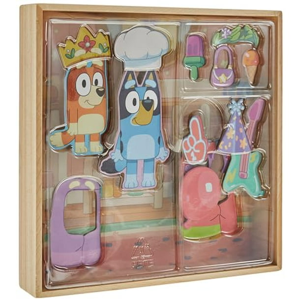 Horizon Group USA Casa de juegos magnética de madera Bluey, juego de actividades de 18 piezas, incluye 2 casas de muñecas de madera, grandes juguetes para niños, actividad divertida de fiesta de cumpl