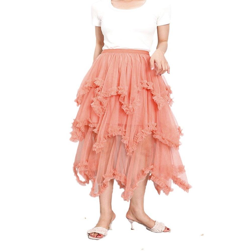 Women Layered Tulle Long Skirt High Waist Solid Color Frill Trim Ruffle Midi Skirt Walmart