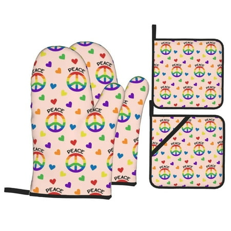 

Oven Mitts and Pot Holders 4 pcs Set rainbow hearts peace sign Heat Resistant Pot Holders Oven Mitts for kitchen Non-Slip Hanging Loop Oven Glove Potholders for Baking Cooking