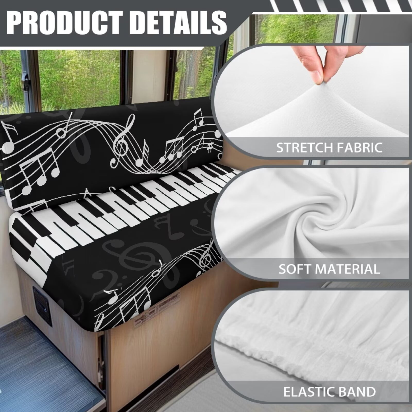 Psesaysky RV Dinette Cushion Covers Stretch Camper Cushion Slipcover Non-Slip Art Piano Music Note Sofa Couch Cover for Travel Trailer Includes 1 Seat Covers and 1 Back Covers