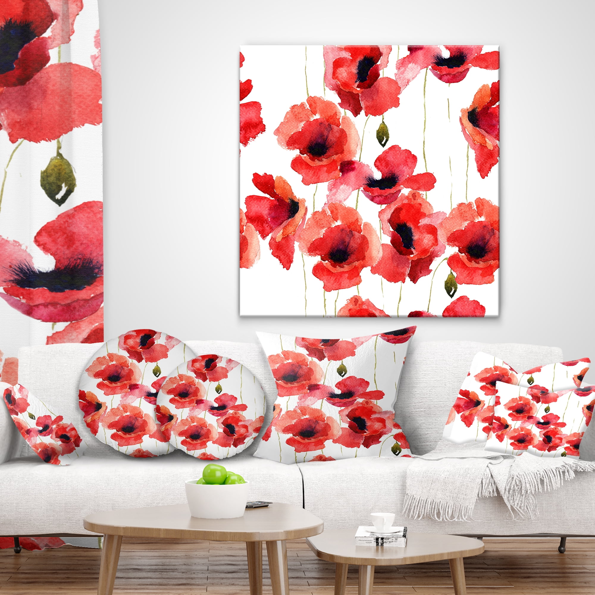 Designart Stylized Poppy Flowers Illustration - Floral Throw Pillow - 12x20