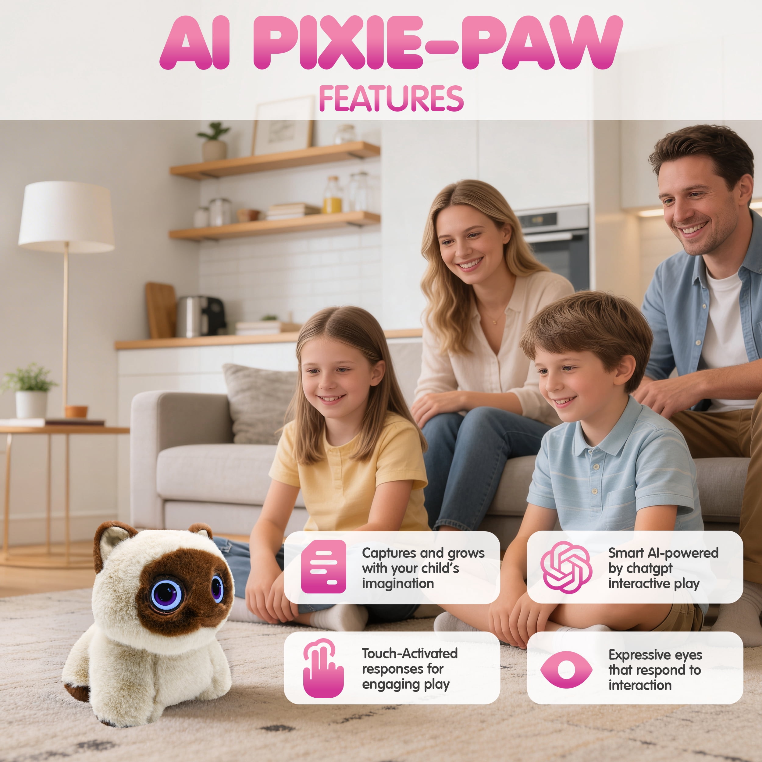 AI Pixie Paw Smart Interactive Plush Cat Voice Responsive Touch Activated Expressive Eyes AI Companion Stuffed Animal for Kids and Pet Lovers, Brown
