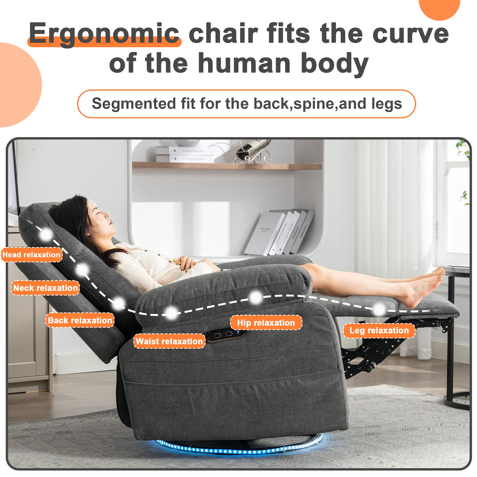 Power Recliner Chair with Bluetooth Speakers & 270° Swivel, Ergonomic Reclining Sofa w/ LED Lights, USB + Type-C Ports, Pockets for Back Pain Relief, Ideal for Elderly & Adults, Reading Bedroom, Grey