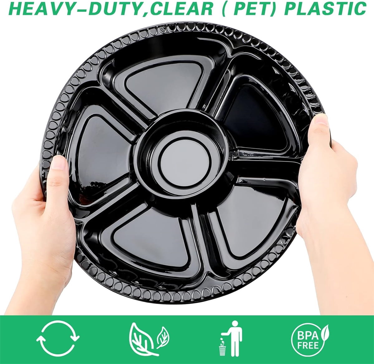 10pcs Stackable Round Serving Party Tray,6 Divided Compartment Fruit Tray,QZS Plastic Round Catering Container,Takeout Picnic Supplies for Salad,10.4x10.4x2In