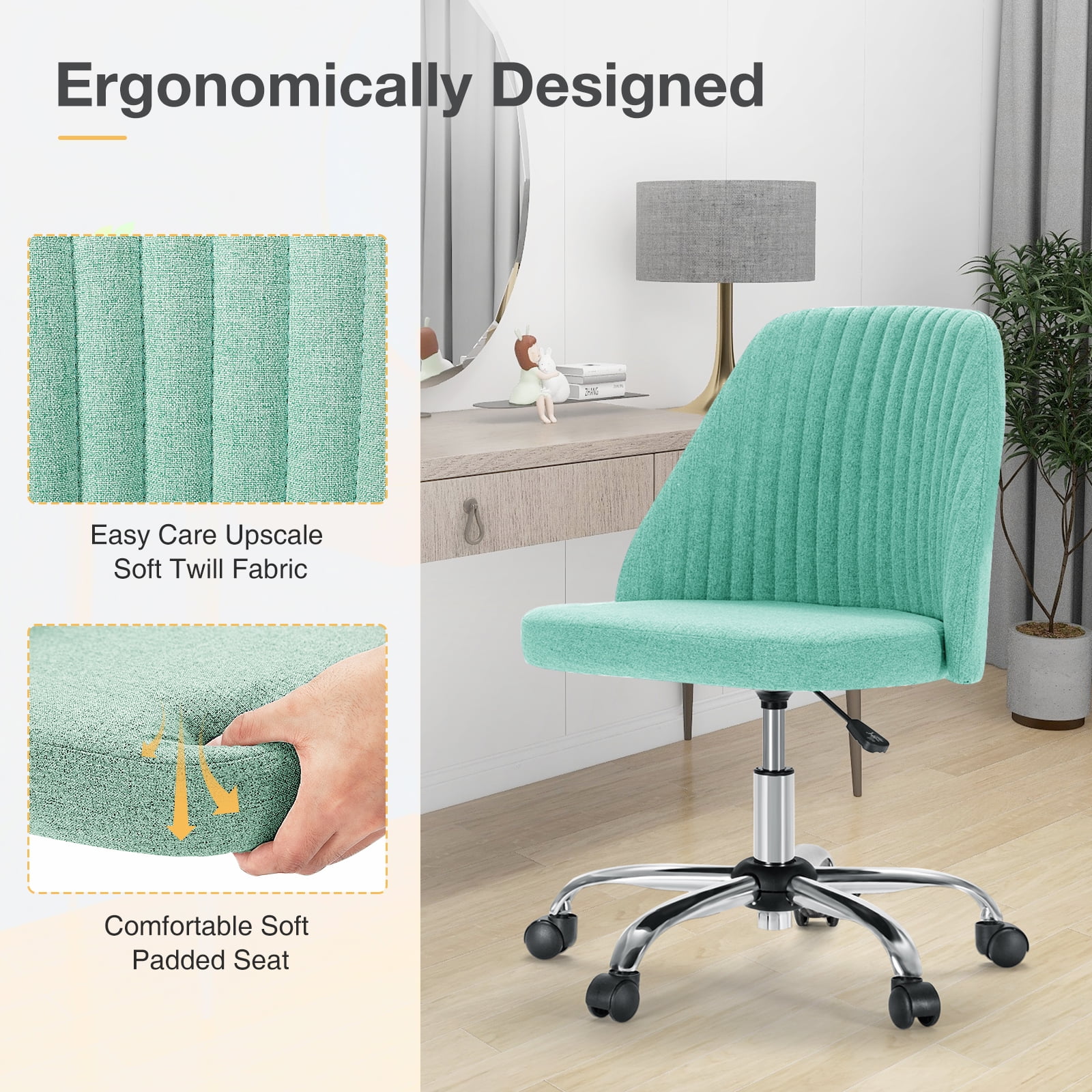 JOINSUN Mid-Back Vanity Chair, Adjustable Rolling Chair, Armless Modern Design for Home Office, Makeup & Small Spaces - Green
