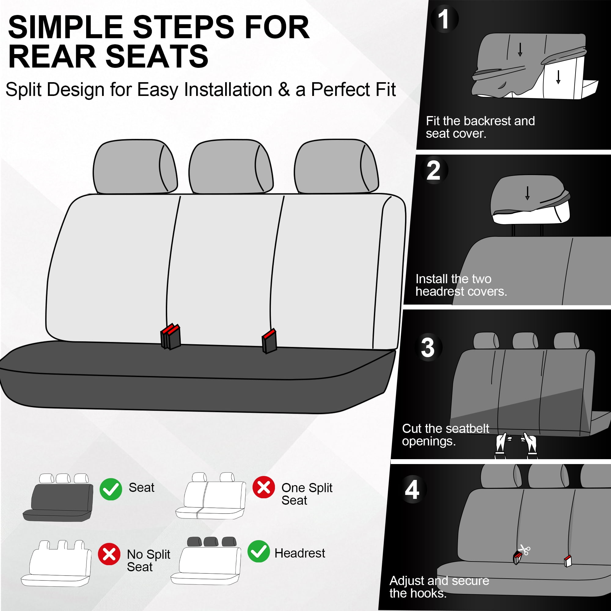 FLORAY 9-Piece Car Seat Covers Full Set - Airbag Safe, Thickened Quilted Cloth, Machine Washable - Universal Fit for Cars, SUVs & Trucks (Solid Rear Bench), Black