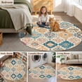 thumbnail image 6 of 4ft Washable Round Rug, Bohemian Texture Non-Slip Circle Area Rug for Living Room Bedroom, Retro Yellow Blue Morocco Pattern Indoor Floor Mat for Home Decor, 6 of 9