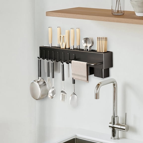 VMWMSSR Wall Mount Stainless Steel Utensil Rack, 19.69Inch Kitchen Utensil Hanger Rack With Hooks & Hanging Rod, Removable & Easy To Clean Kitchen Organizer Black-One Size