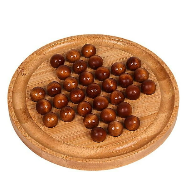 Juego de solitario de madera, rompecabezas, juego de mesa clásico con canicas, tablero redondo de 19,5 cm con canicas de madera, juego de rompecabezas para un jugador, juego de lógica