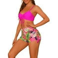 thumbnail image 4 of Conjuntos de bikini con cordón para mujer, 2 piezas, estampado tropical, pantalones cortos de cintura alta, trajes de baño, talla X-Large, rojo rosa, 4 of 5