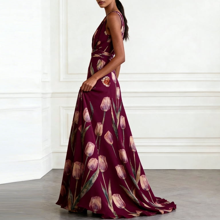 floral chiffon tank dress Wrfwul Womens Sleeveless V Neck Chiffon Maxi Dress Tulip Floral Print Flowy Long Gown Elegant Evening Party Tank Sundresses, Women's, Size: Medium,
