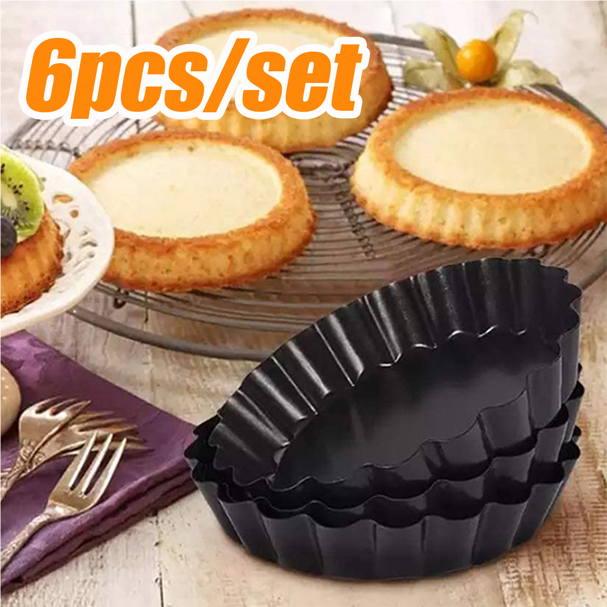 Travelwant 6Pcs Egg Tart Mold, Removable Bottom Mini Tart Pans, Reusable NonStick Cupcake Cake