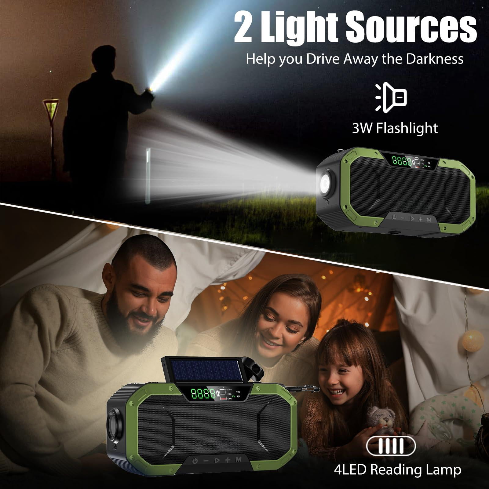 Hand Crank Emergency Radio Portable Am Fm Noaa Weather Solar Power 18500mwh/5000mah Operated Usb Charging Flashlight Waterproof Sos For Camping Outage Storm
