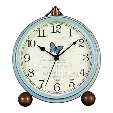 Vintage Non-Ticking Table Desk Alarm Clock with Quartz Movement and HD Glass, Battery Operated for Bedroom, Living Room, and Office Desk(Butterfly)