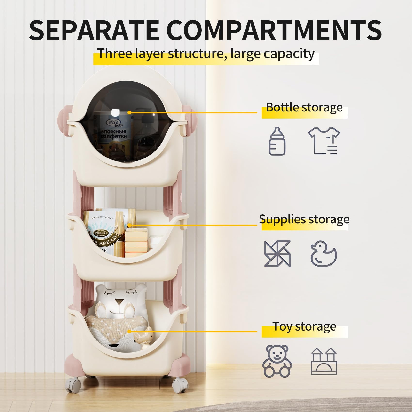 UNICOO® Kids Spaceman Toy Storage Organizer, 3-Tier Stackable Plastic Rolling Cart, Multi-Functional Children's Storage Rack Shelf with Wheels for Playroom, Bedroom, Classroom, Nursery (Pink & White)