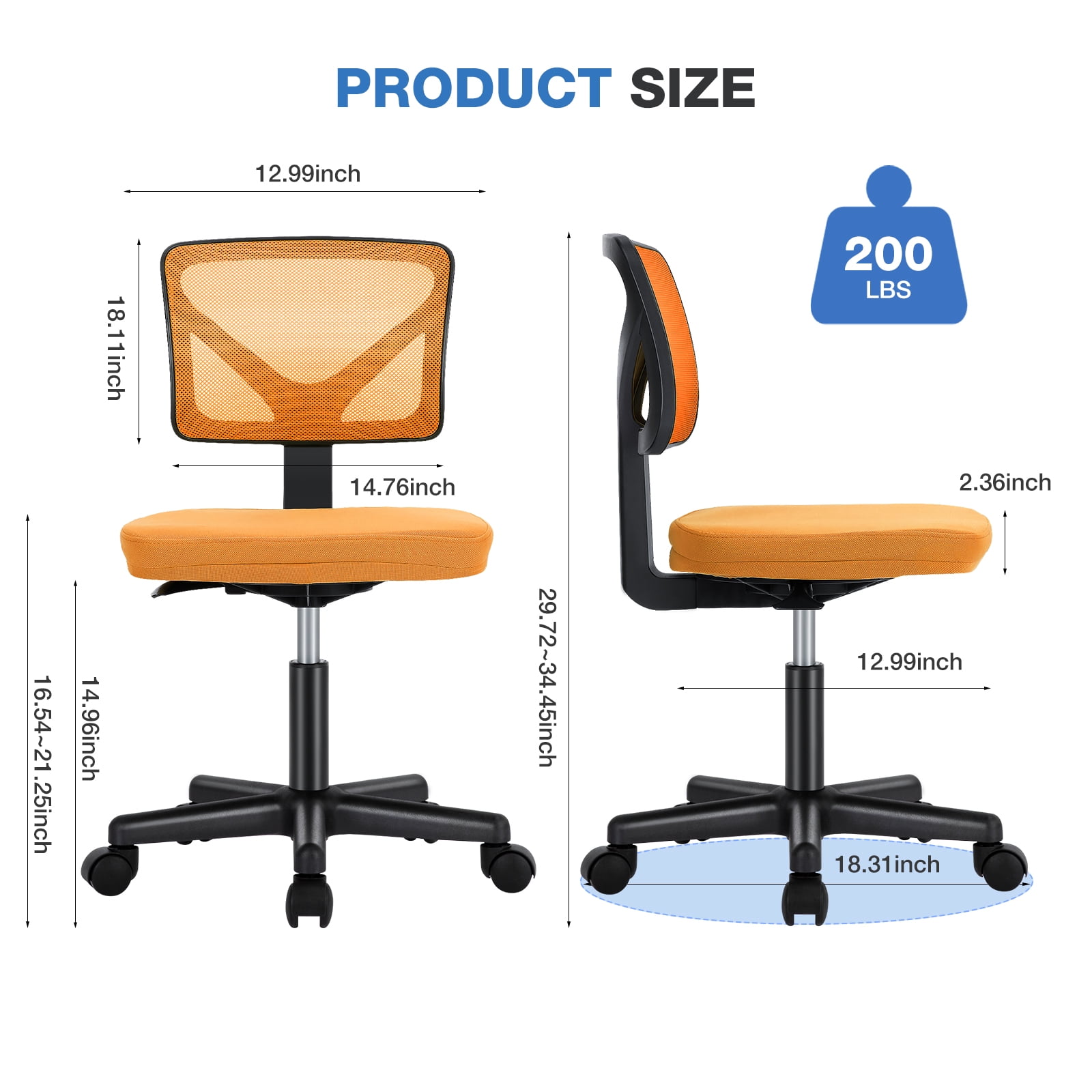 Gianna Armless Desk Chair, Home Office Rolling Adjustable Ergonomic Chairs with Low Back