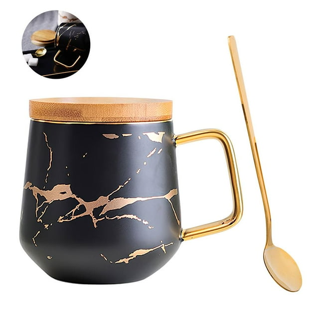 Coffee Cup Set Delicate Mable Texture Ceramic Coffee Tea Cup with Cup Holder and Spoon Ergonomic 400ml Tea Cup Coffee Container