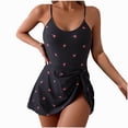 thumbnail image 1 of baikeli Maillot de Bain une Pièce pour Femmes Col Rond Imprimé Floral Découpé Bretelles Spaghetti Nœuds Latéraux Robe de Plage Noir,m, 1 of 7