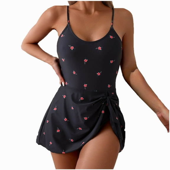 Ahuyic Womens Plus Size SwimSuit,Casual Solid Color Bathing Suit,Women's Sexy Printed Suspender Strapless Skirt Swimsuit