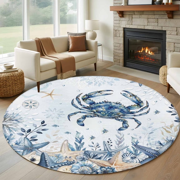 Blue Crab Coastal Round Area Rug 8Ft Washable Large Circle Rugs for Living Room Dorm, Beach Starfish Nautical Coral Botanical Non-Slip Carpet Floor Mats Indoor Outdoor Carpet Runner Home Decor
