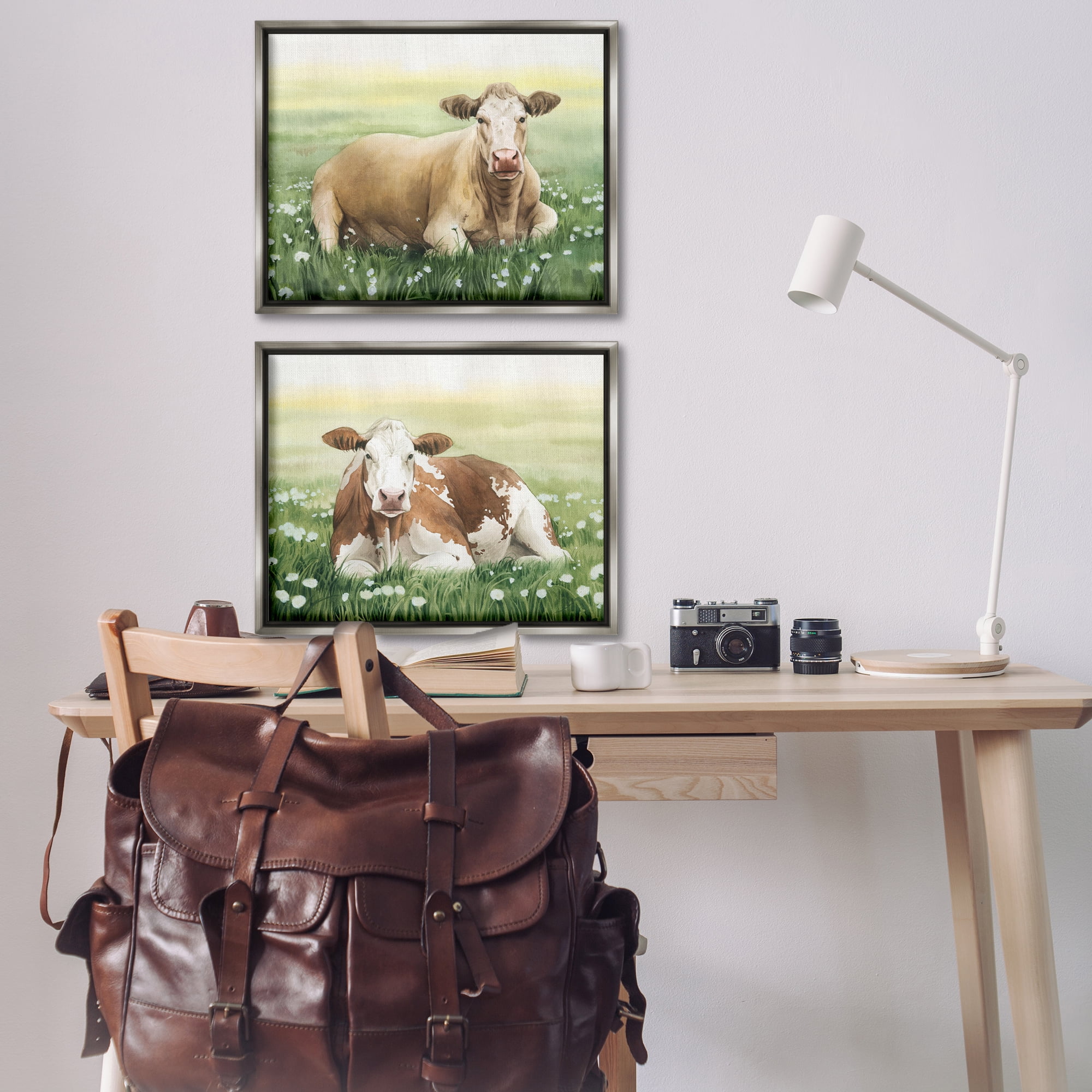 Stupell Industries Cows Resting in Flower Field Animals Painting Gray Floater Framed Canvas Art Print Wall Art, 31 x 25, Set of 2