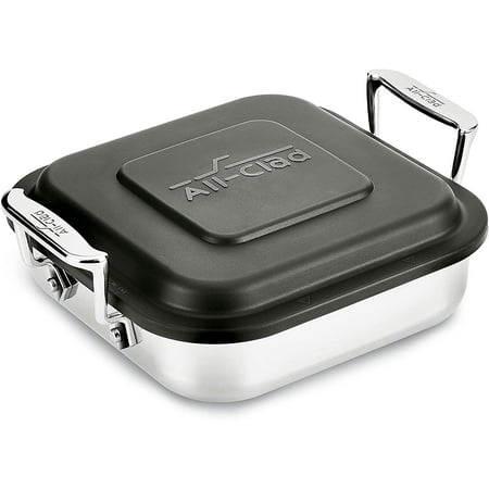 All-Clad Specialty Stainless Steel and Plastic Lid Square Covered Baking Pan 8x8 Inch Oven Broiler Safe 600F Pots and Pans Silver