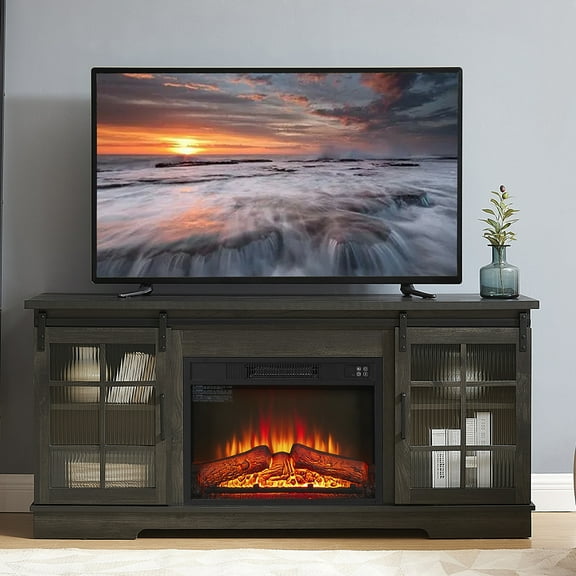 Kepooman Entertainment Stand,TV Stand,TV Stand with 2 Sliding Fluted Glass Doors Up to 65"TV, TV Desk Storage Rack with 23" Fireplace, Charcoal GREY