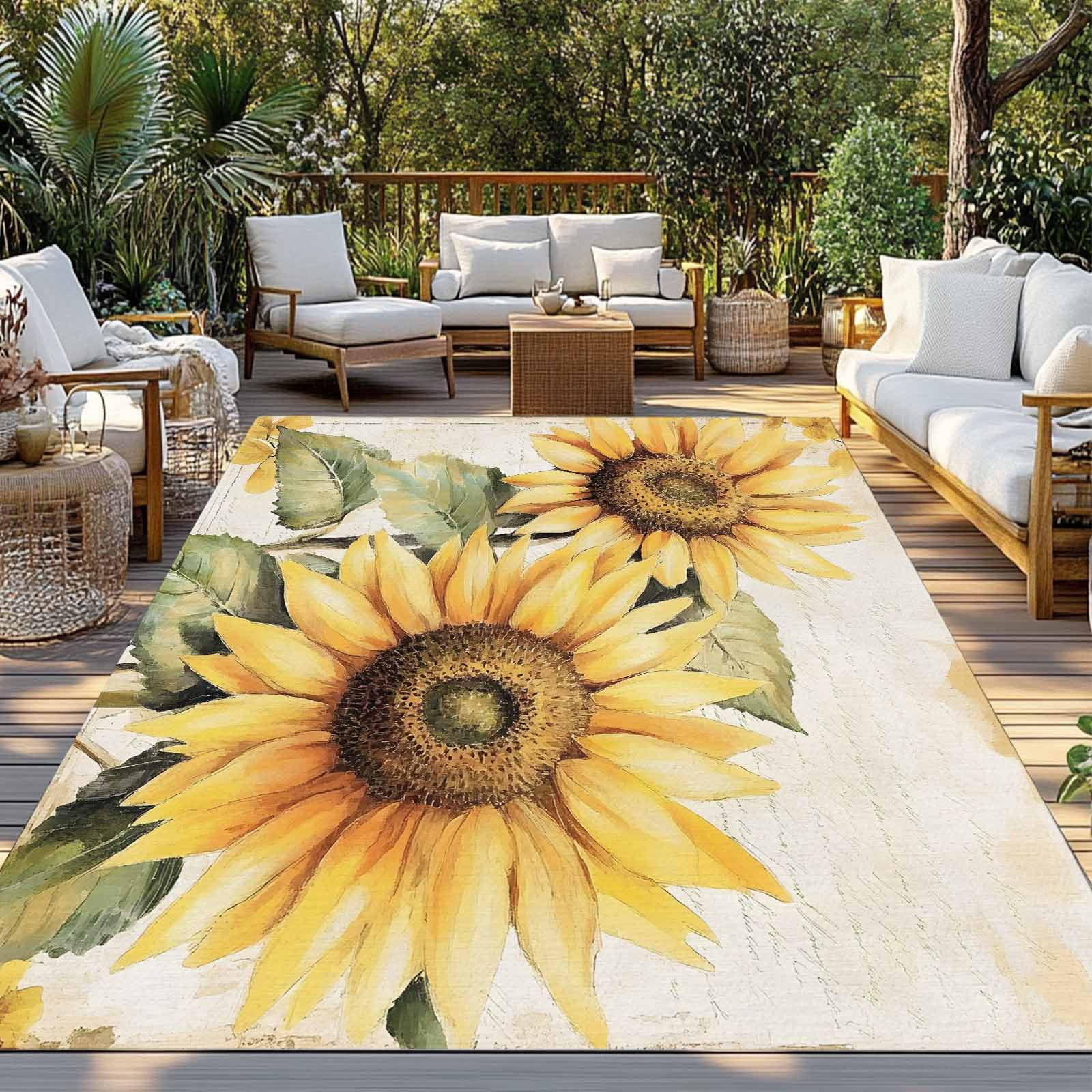 Sunflower Blossom Outdoor Rug 5x7 Ft - Reversible Patio Rug Outdoor Camping Rugs, Spring Summer Retro Botanical Floral Washable Indoor Outdoor Area Rugs, Non-Slip Outdoor Carpet Runner for Deck/Porch