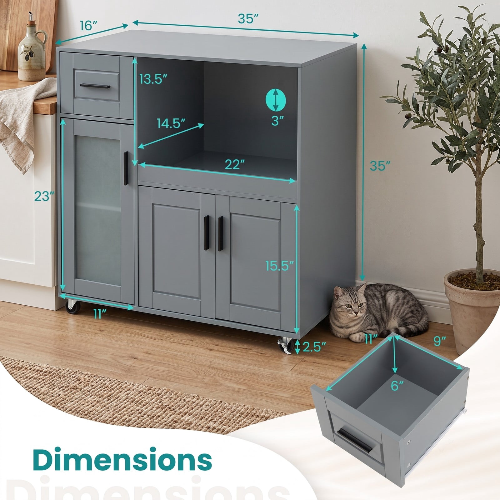 Furnibear Rolling Kitchen Island Cart with Wheels, Drawer, Frosted Glass Door Cabinet and Adjustable Shelf, Mobile Storage Trolley for Kitchen Dining Room, Gray