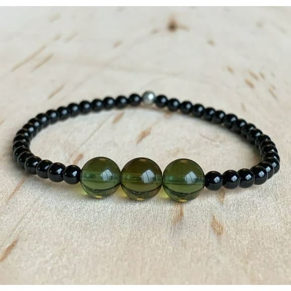 Natural Moldavite Quartz & Black Tourmaline 4-10mm Round Shape Smooth Cut Beads Stretchable Bracelet for Men & Women.