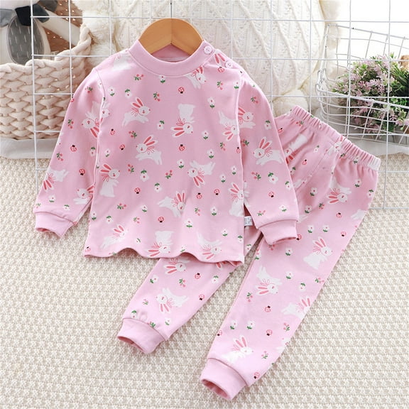Thetops Big Girls Outfit Set 100% Cotton Soft - Pink with Rabbit & Floral Prints, 9T Top & Pants w/ Shoulder Buttons for Easy Dressing