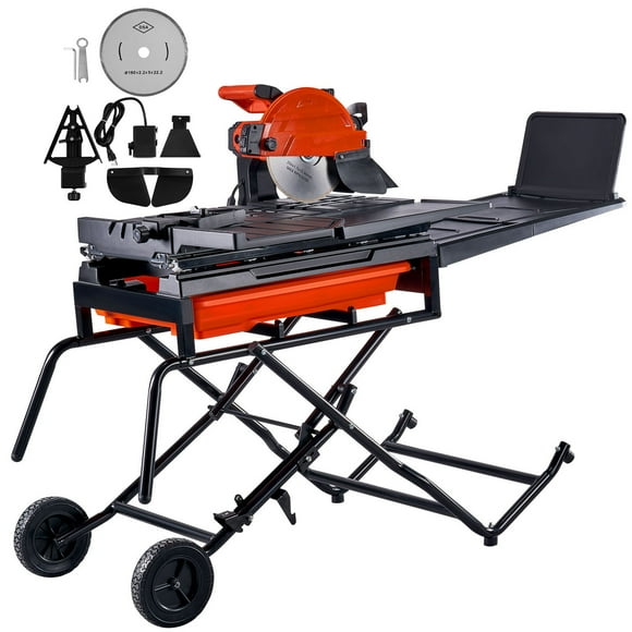 KFFKFF Tile Saw with Supporting Stand, 10-inch Blade made of 65Mn Steel, Motor Speed of 4500 RPM, Wet Tile Cutting Machine with Water Tank, Adjustable Miter Angle from 0-45 Degrees for Slicing Tiles