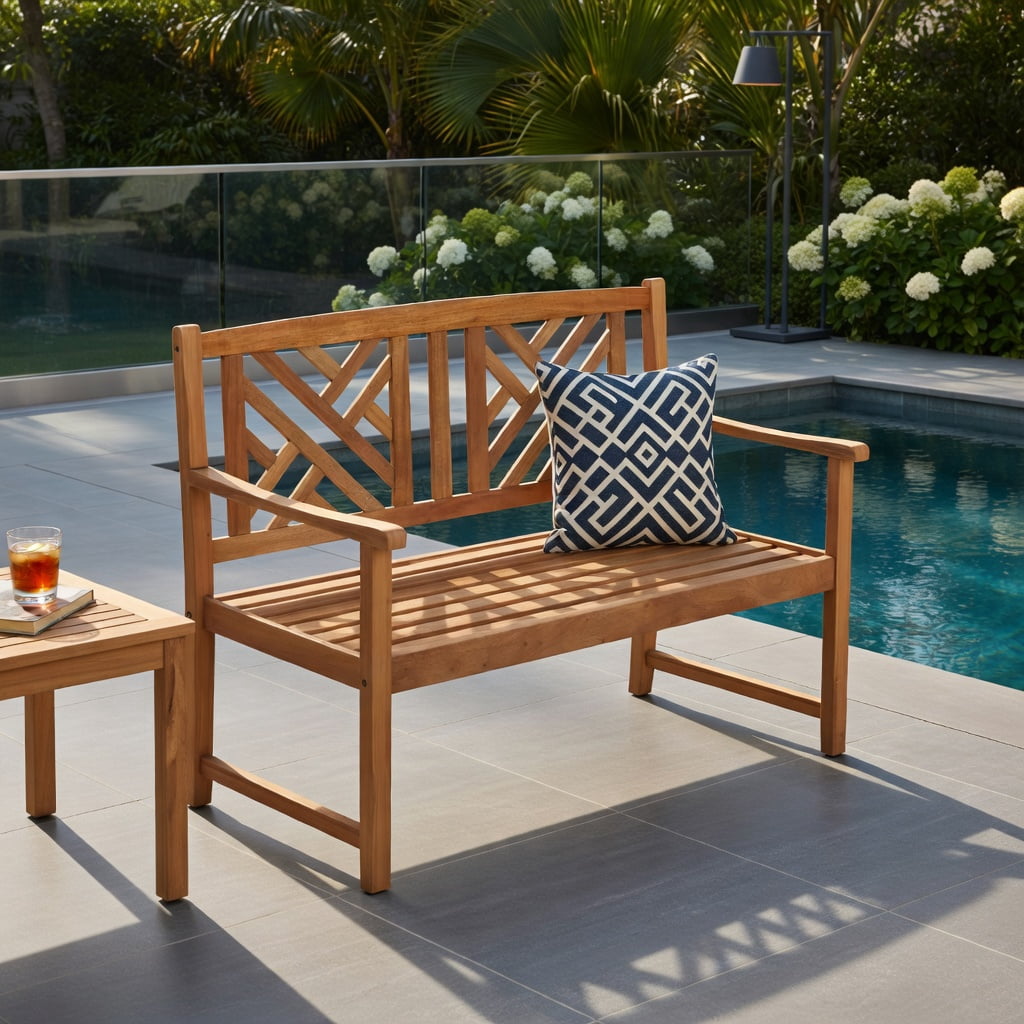 Hommoo Acacia Wood 2-Person Outdoor Bench with Ergonomic Armrests & Slatted Backrest, Garden Patio Bench for Backyard, Porch, Deck, Brown