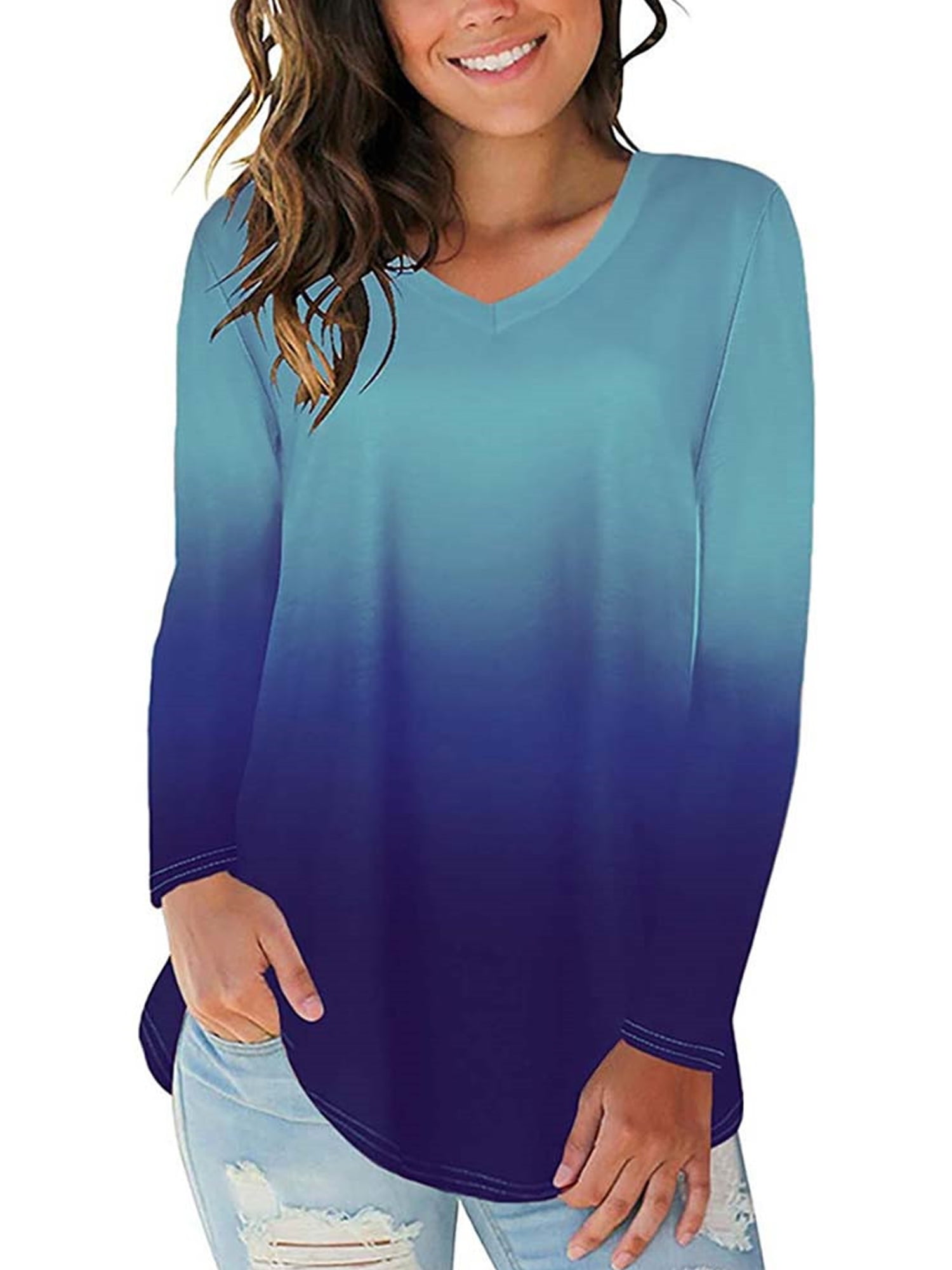Womens Ombre Gradient Long Sleeve Blouse Pullover Sweatshirts Jumper Tops Tunic