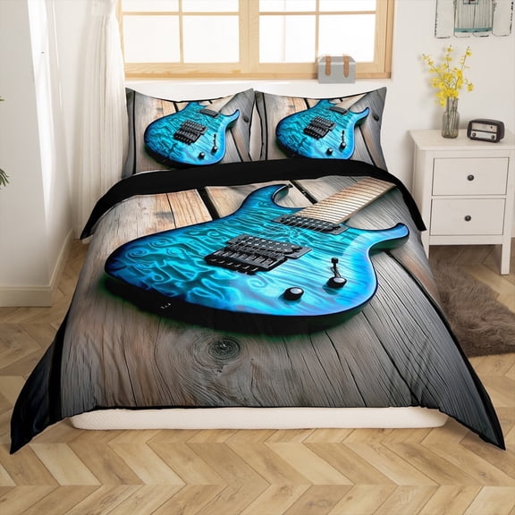 Erosebridal Musical Instrument Guitar Duvet Cover Full,Wooden Stripes Comforter Cover Full,Melody Bedroom Decor,Reversible,3-Piece(No Comforter)